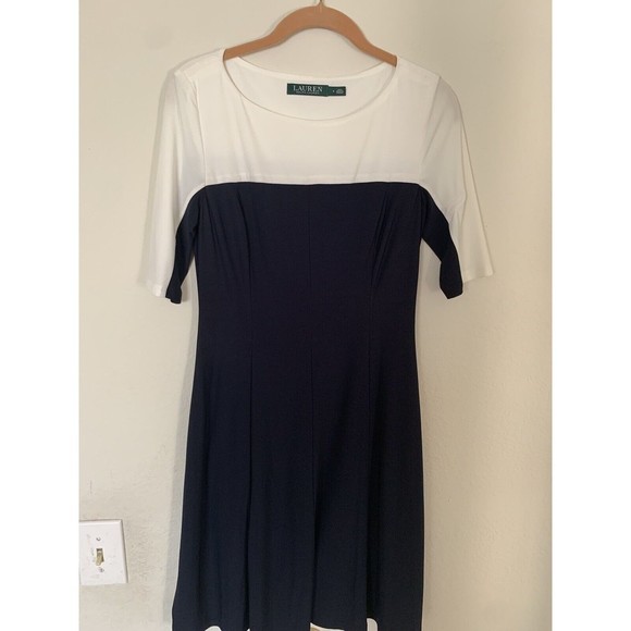 Lauren Ralph Lauren Navy and White Color Block‎ Midi Dress Size 4 - Picture 1 of 11